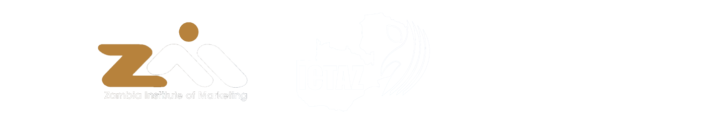 Banner showing three white logos on a black background: Zambia Institute of Marketing, ICTAZ (ICT Association of Zambia), and a third white logo representing another organization.