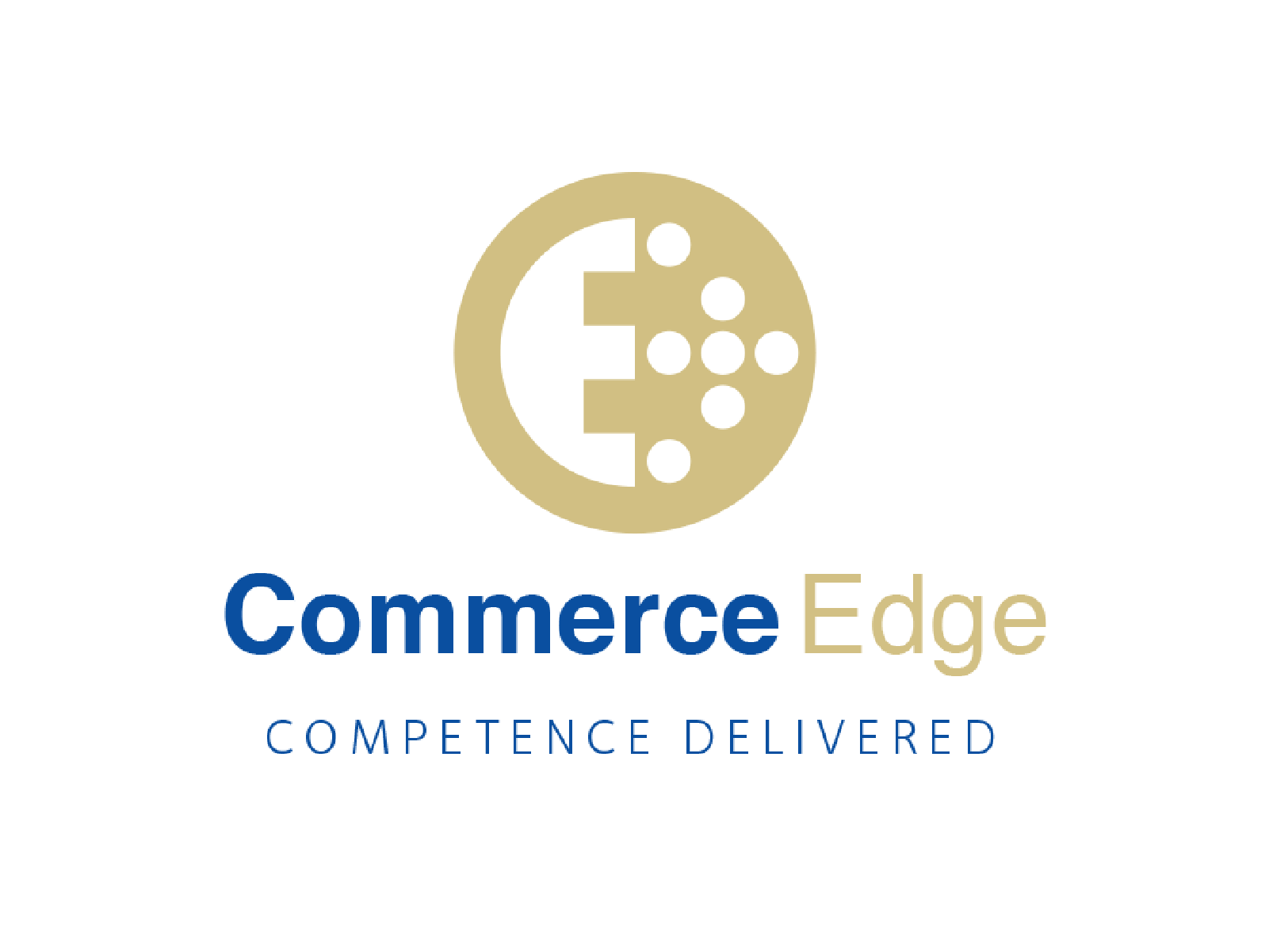 Commerce Edge logo: gold circular emblem with white E and dots, plus the text ‘Commerce Edge’ in blue and gold, with tagline beneath.
