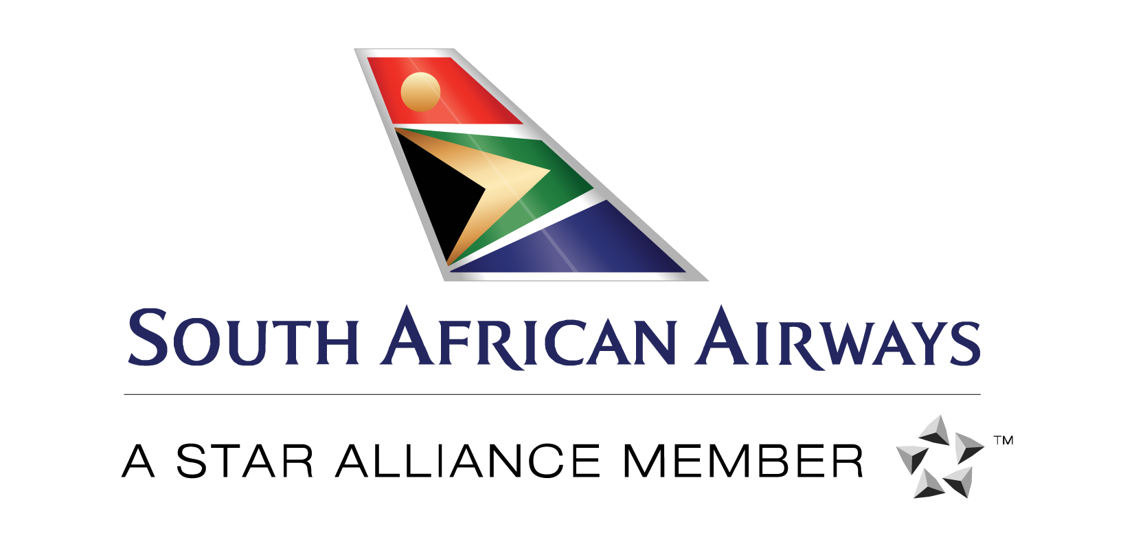 Logo of South African Airways: a wedge-shaped flag motif with red, green, gold, blue panels and a sun, above the dark blue serif text on black background.