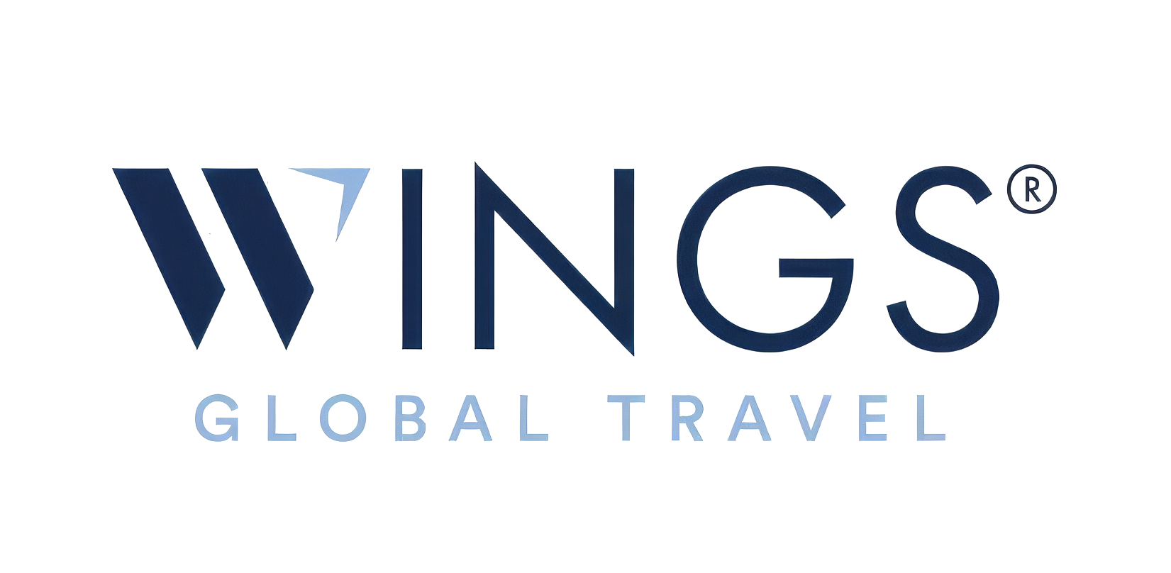 WINGS Global Travel logo: bold navy wordmark with a stylized W and the phrase GLOBAL TRAVEL in light blue beneath.